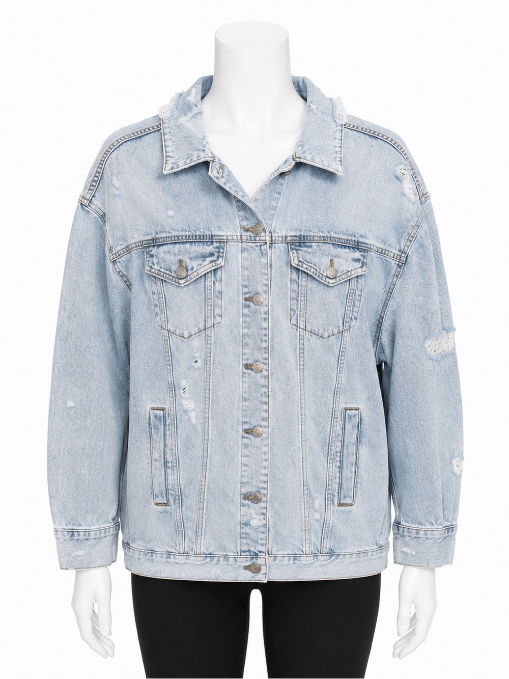 American Eagle Distressed Oversized Denim Jacket Medium Light Wash
